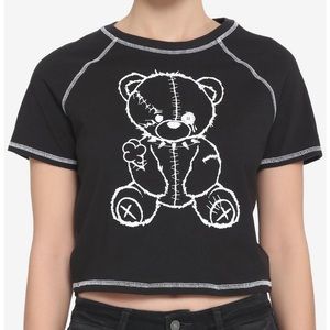 Hot Topic Black & White Damaged Teddy Bear Girls Crop T-Shirt Size LG